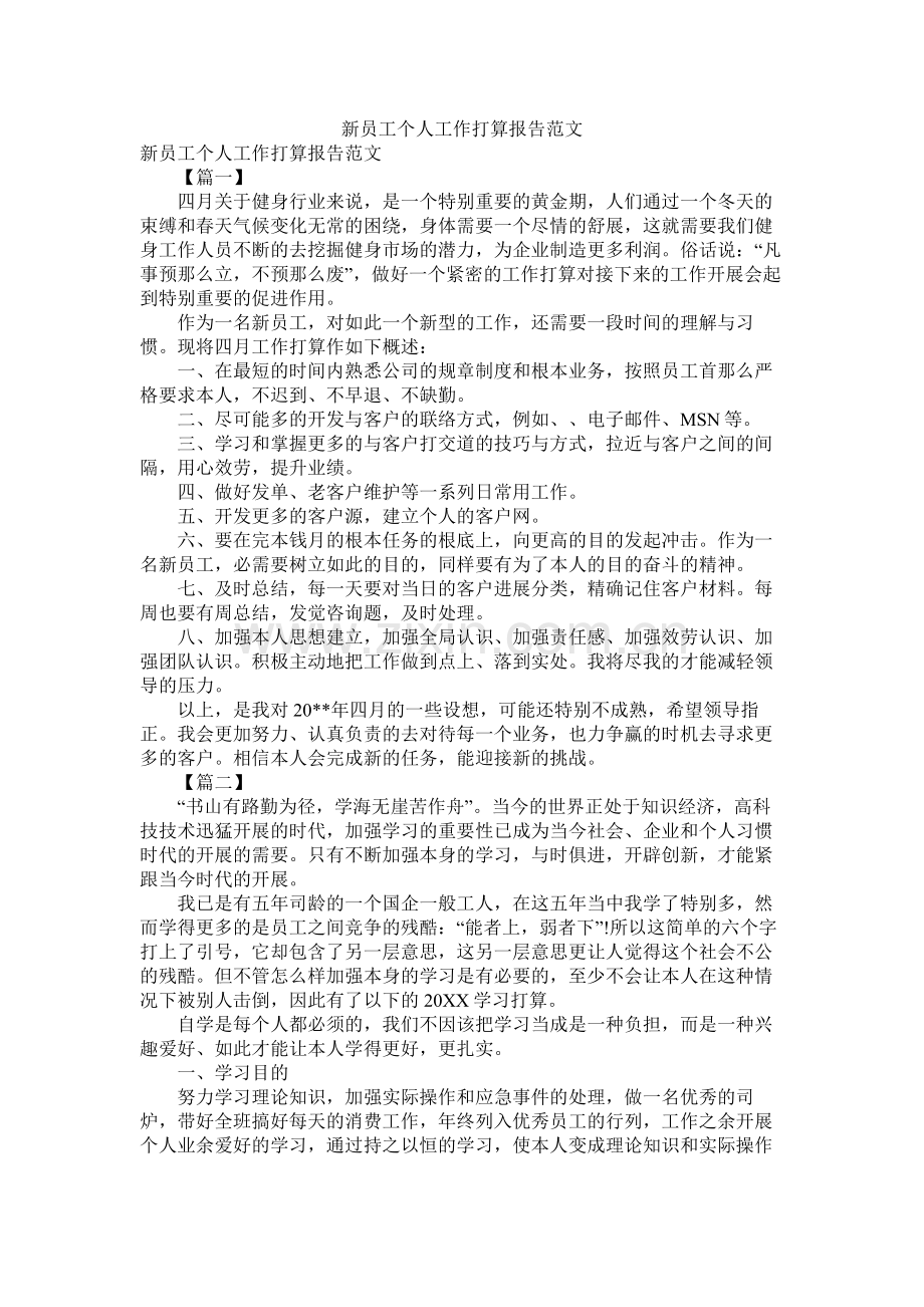 新员工个人工作计划报告范文参考.docx_第1页