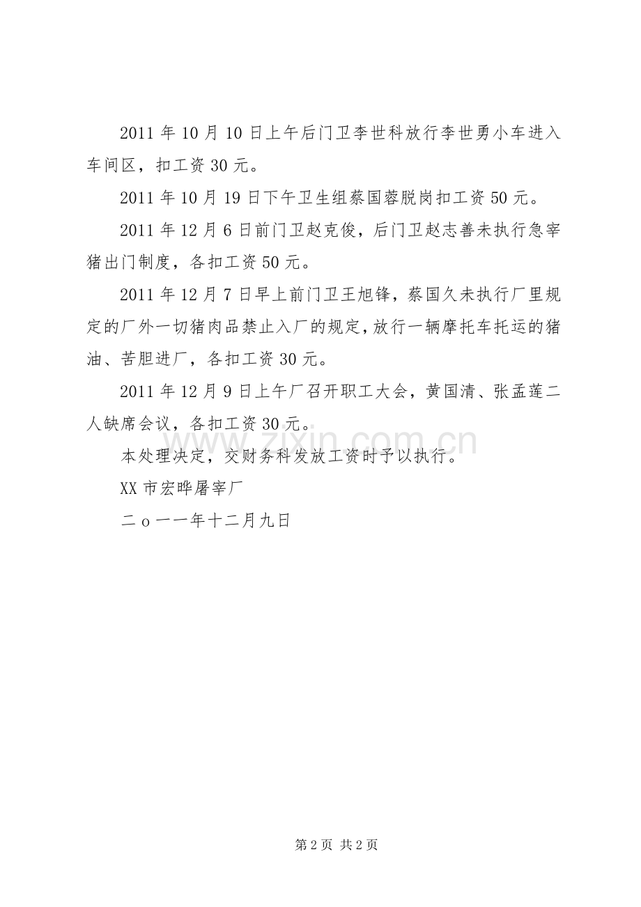 关于田小平同志违反了管理规章制度的(屠宰厂.docx_第2页