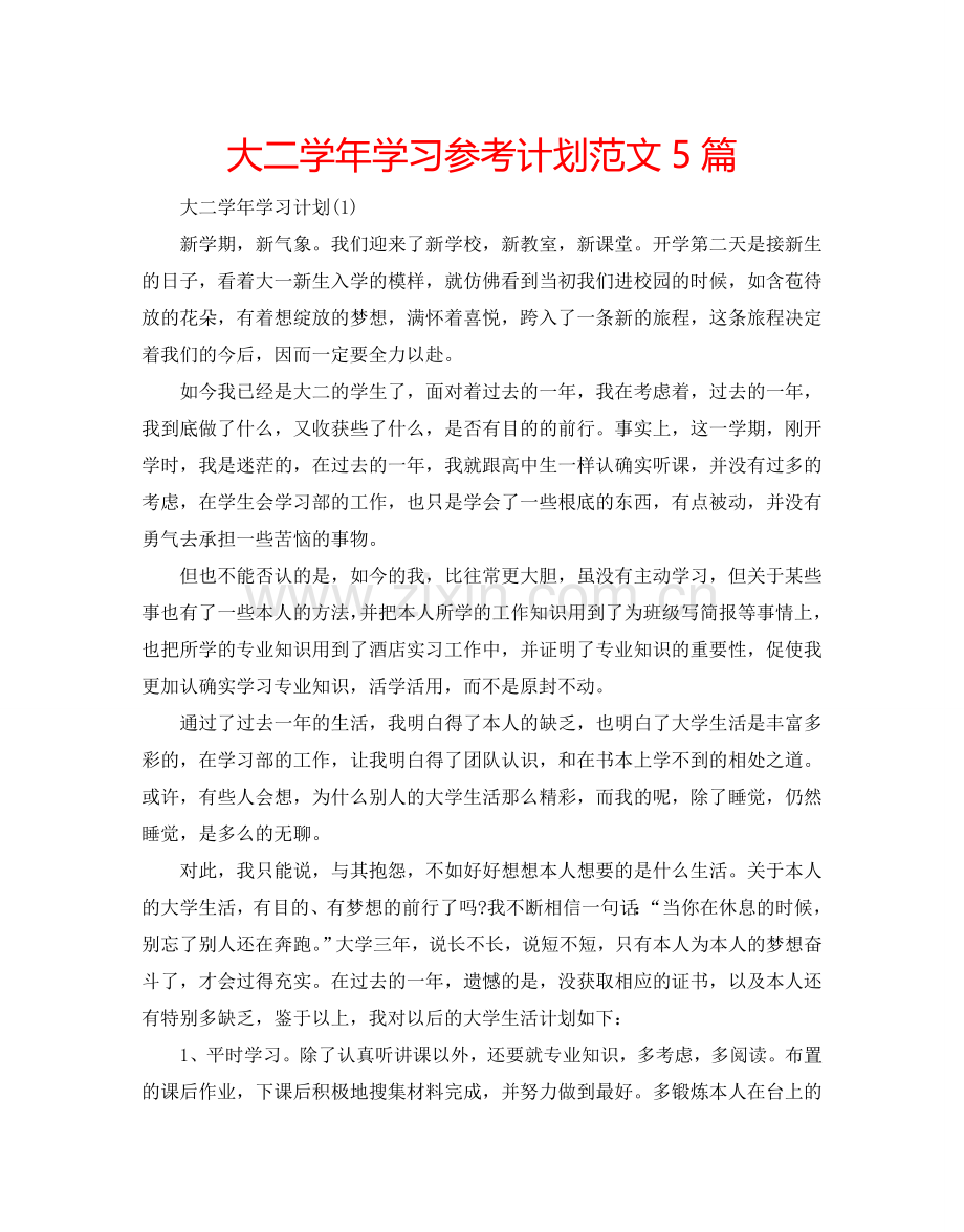 大二学年学习参考计划范文5篇.doc_第1页