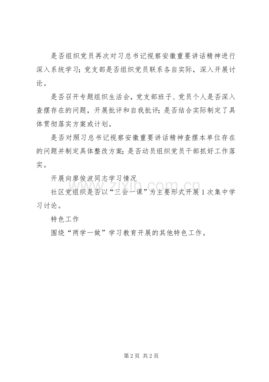 社区党建工作督查反馈单（督查重点“两学一做”学习教育常态化规章制度化工作）.docx_第2页