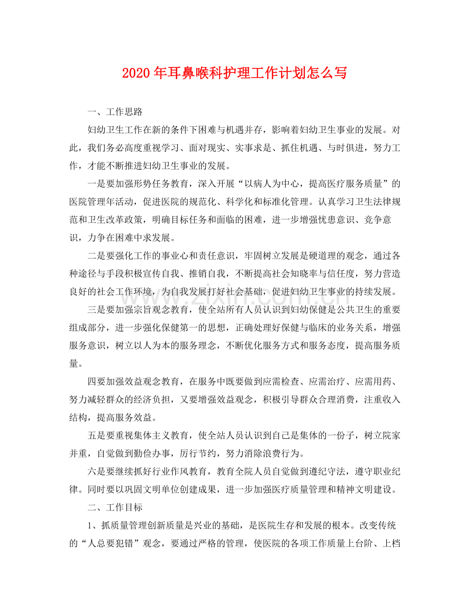 2020年耳鼻喉科护理工作计划怎么写 .docx_第1页