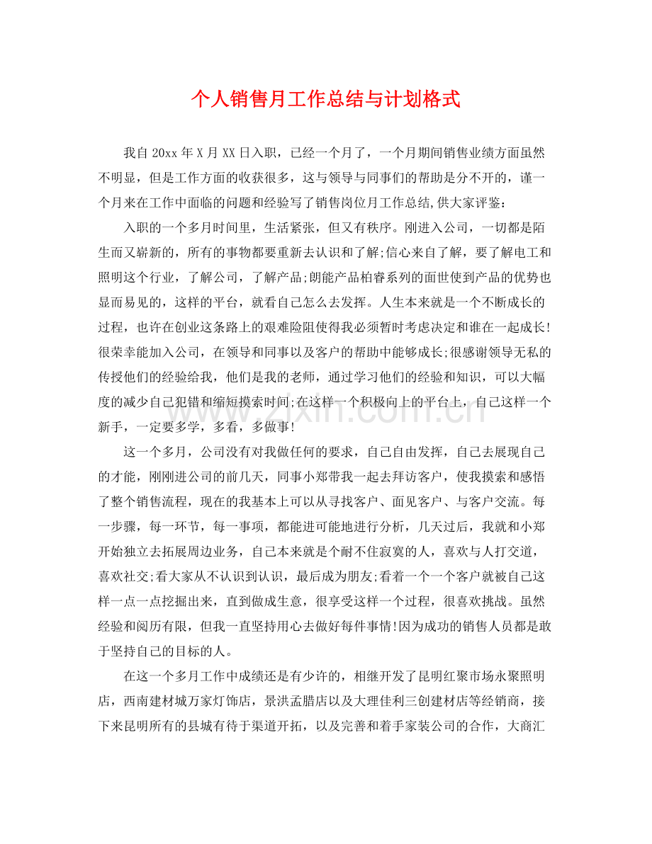 个人销售月工作总结与计划格式 .docx_第1页