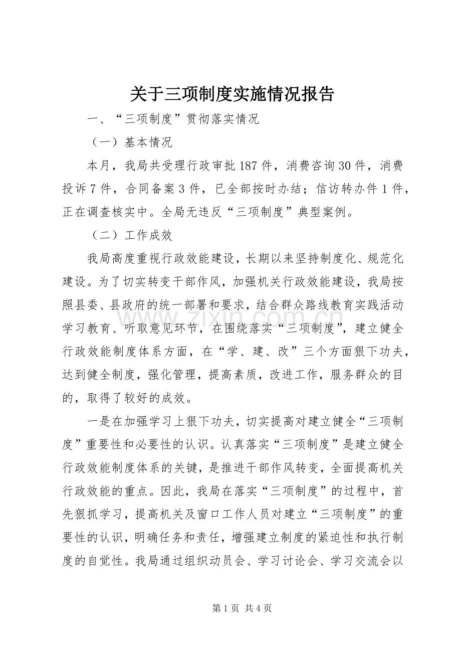 关于三项规章制度实施情况报告.docx_第1页