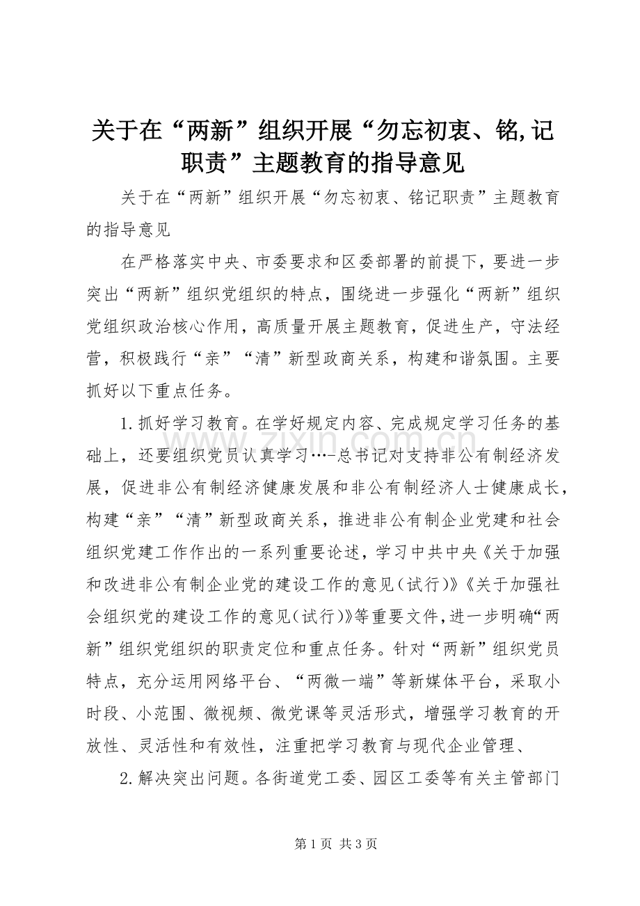 关于在“两新”组织开展“勿忘初衷、铭,记职责要求”主题教育的指导意见.docx_第1页