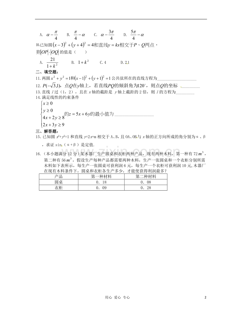 吉林省吉林市高三数学《平面解析几何》基础过关(1).doc_第2页