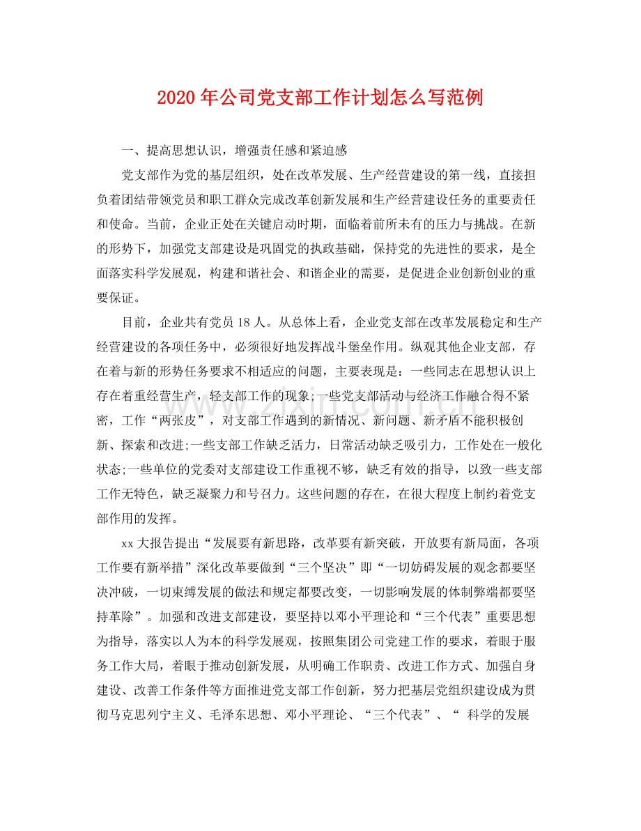 2020年公司党支部工作计划怎么写范例 .docx_第1页