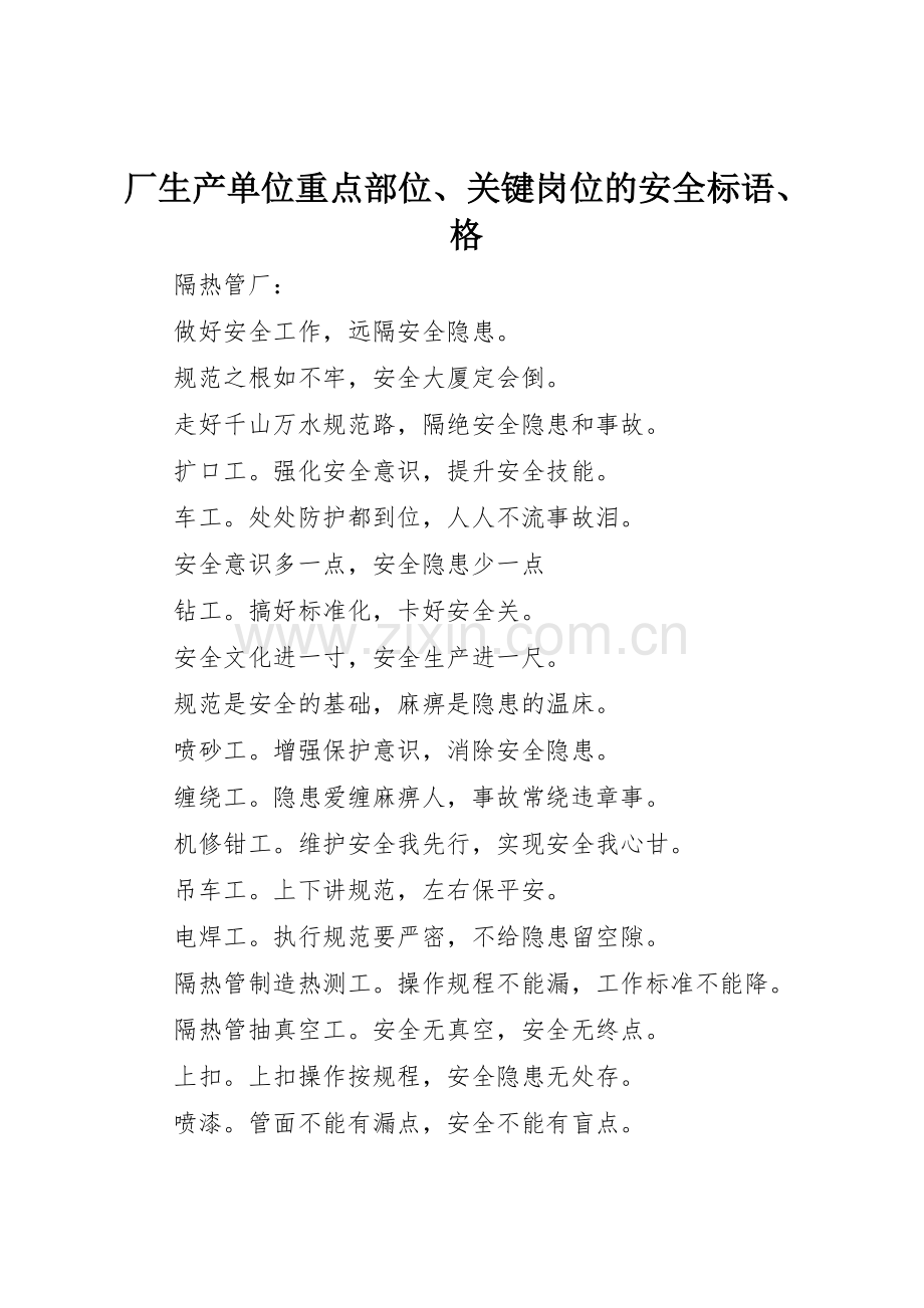 厂生产单位重点部位、关键岗位的安全标语集锦、格.docx_第1页