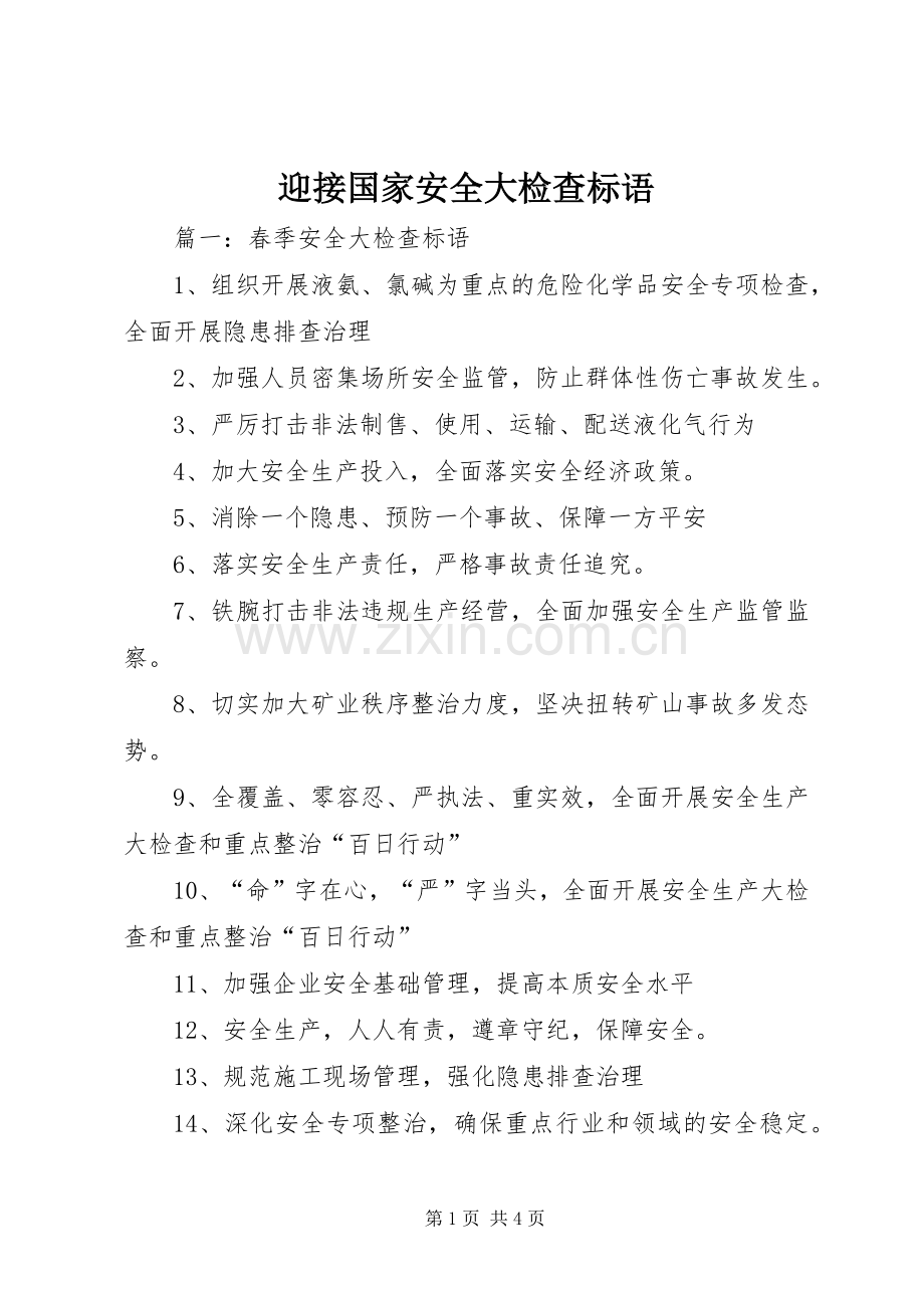 迎接国家安全大检查标语集锦.docx_第1页