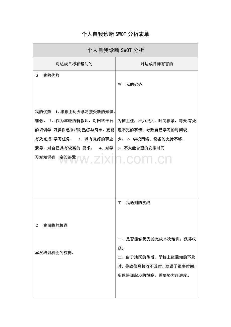 第一步骤所需文档：袁佳个人自我诊断SWOT分析表(4).doc_第1页