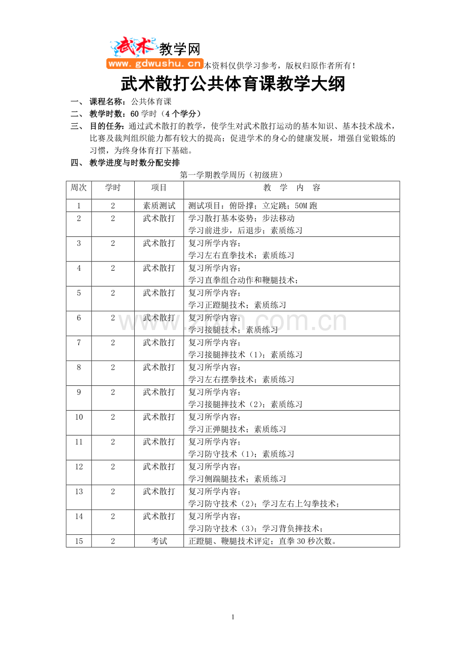 武术散打公共体育课教学大纲.doc_第1页