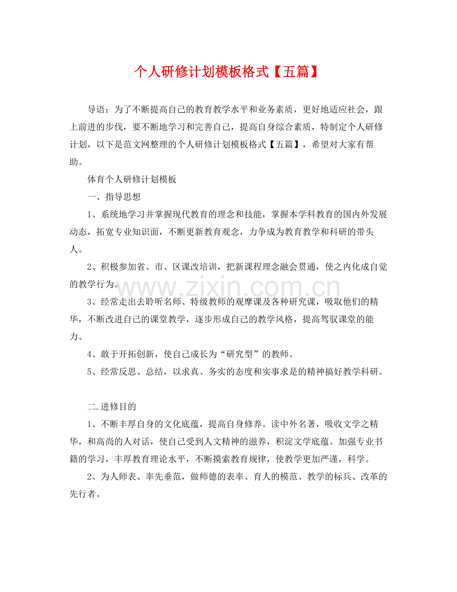 个人研修计划模板格式【五篇】 .docx_第1页
