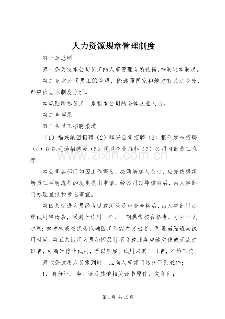 人力资源规章管理规章制度.docx_第1页