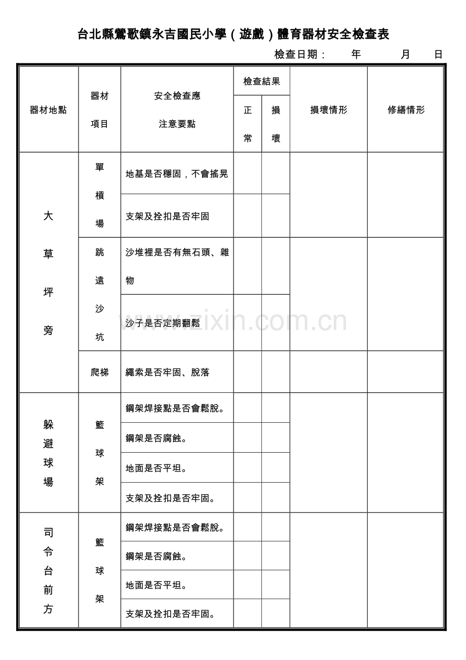 台北县莺歌镇永吉国民小学(游戏)体育器材安全检查表.doc_第1页