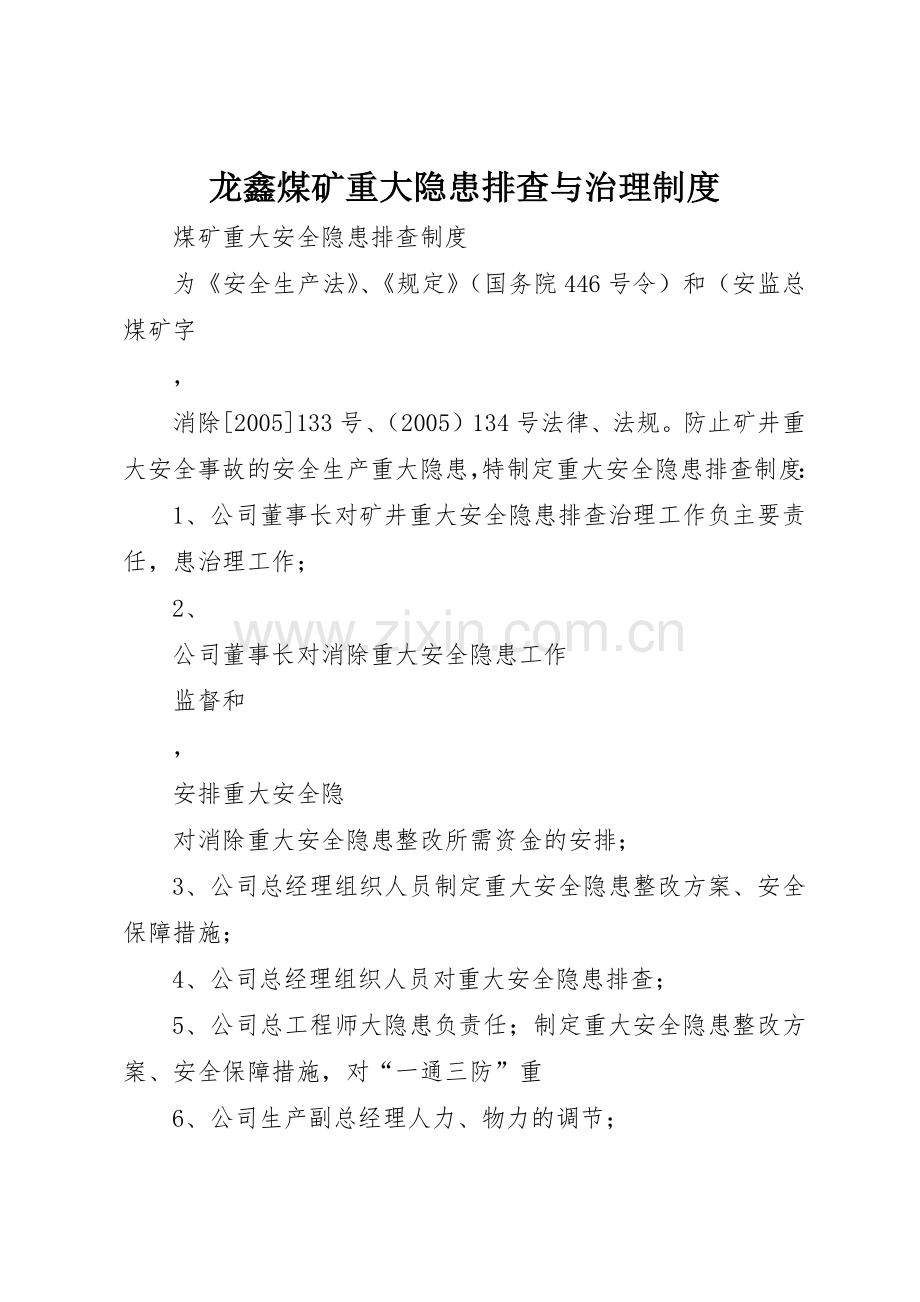 龙鑫煤矿重大隐患排查与治理规章制度细则.docx_第1页