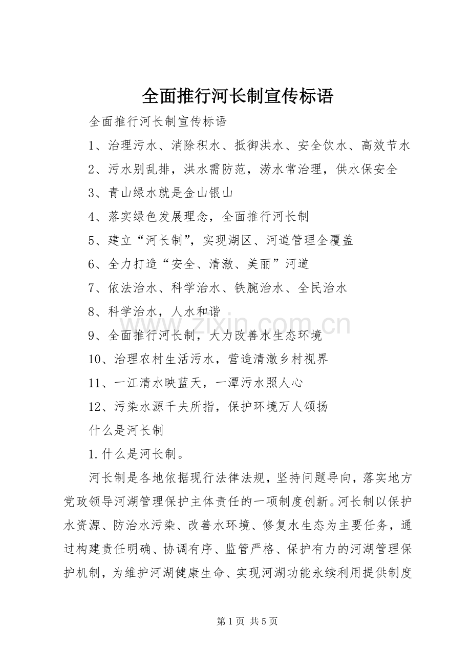 全面推行河长制宣传标语大全.docx_第1页