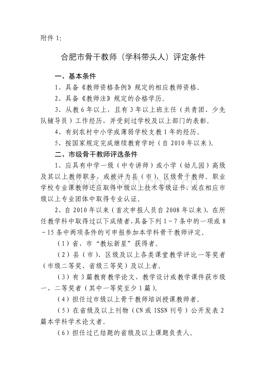 合肥市骨干教师(学科带头人)标准和条件.doc_第1页