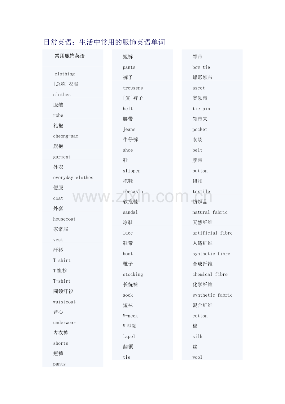 日常英语：生活中常用的服饰英语单词.doc_第1页