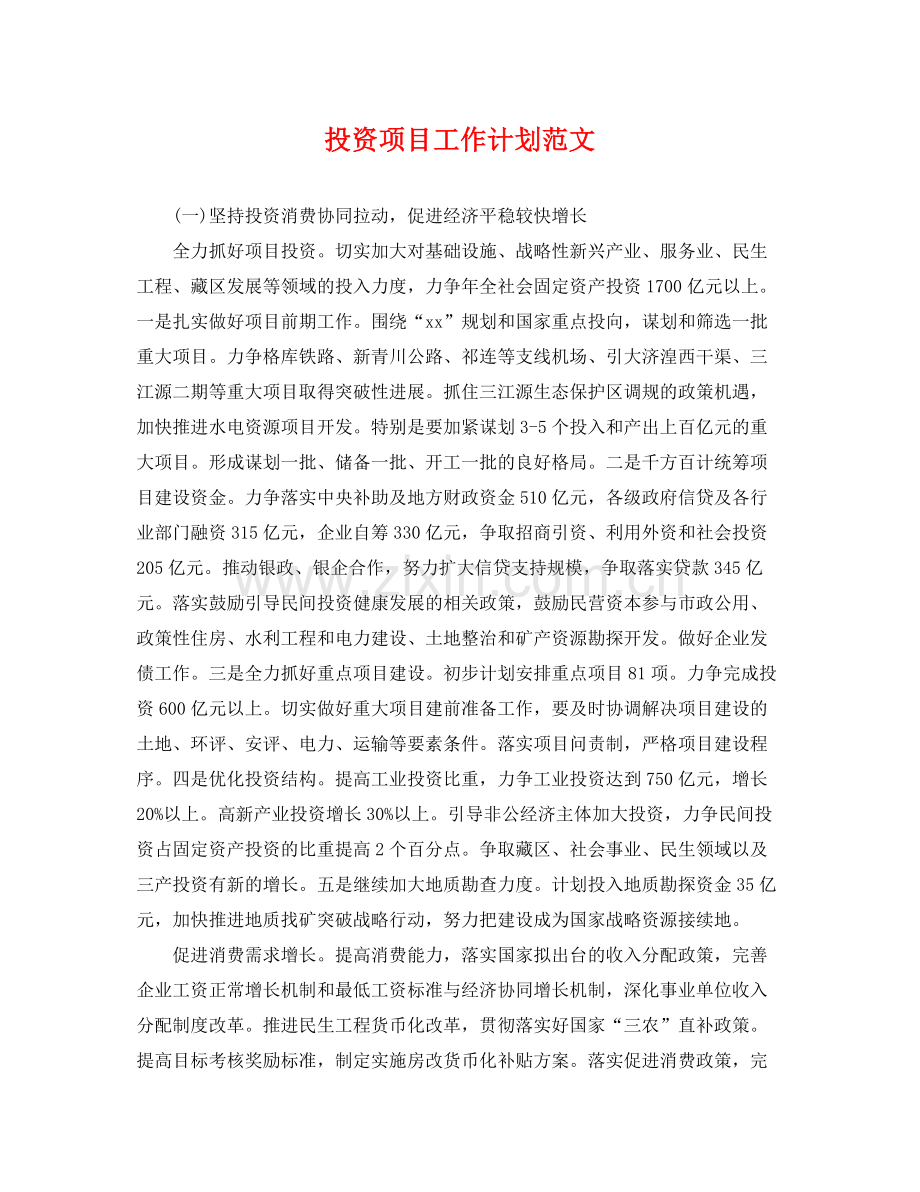 投资项目工作计划范文 .docx_第1页