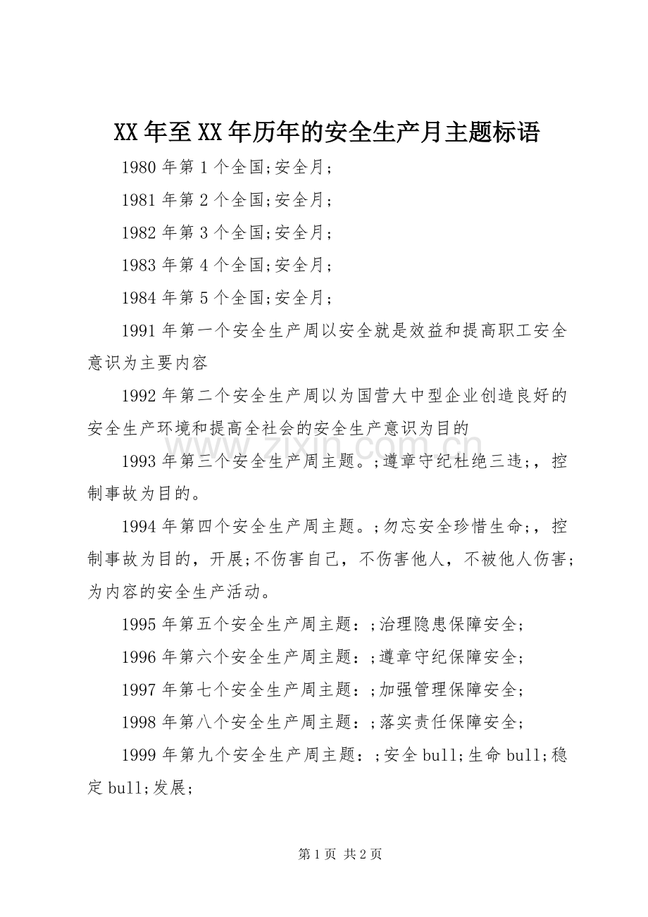 XX年至XX年历年的安全生产月主题标语集锦.docx_第1页