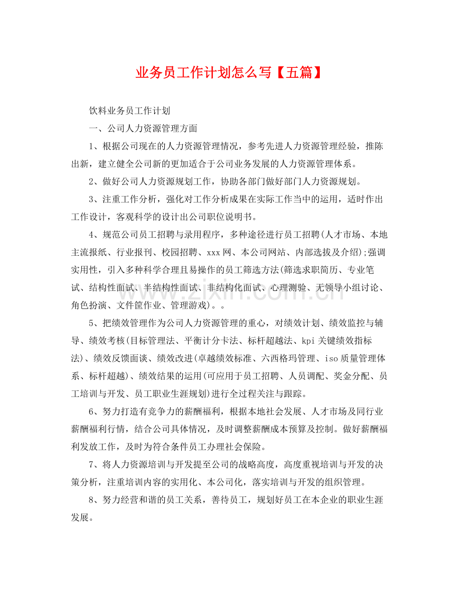 业务员工作计划怎么写【五篇】 .docx_第1页
