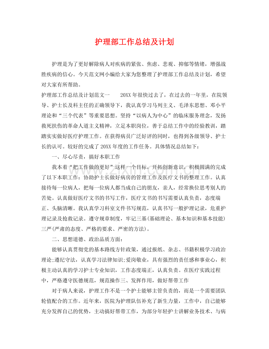 护理部工作总结及计划 .docx_第1页
