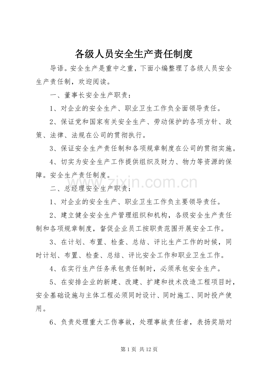 各级人员安全生产责任规章制度.docx_第1页