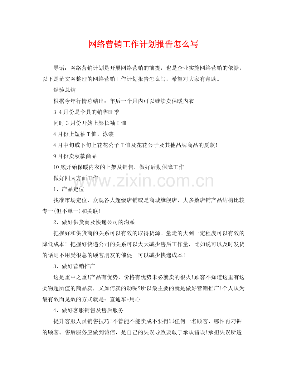网络营销工作计划报告怎么写 .docx_第1页