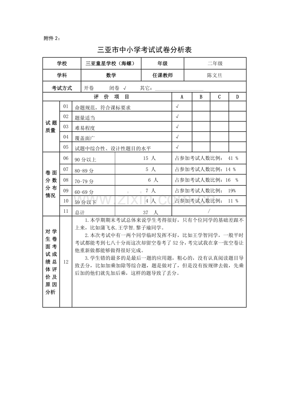 二年级数学期末考试试卷分析表海螺校区.doc_第1页