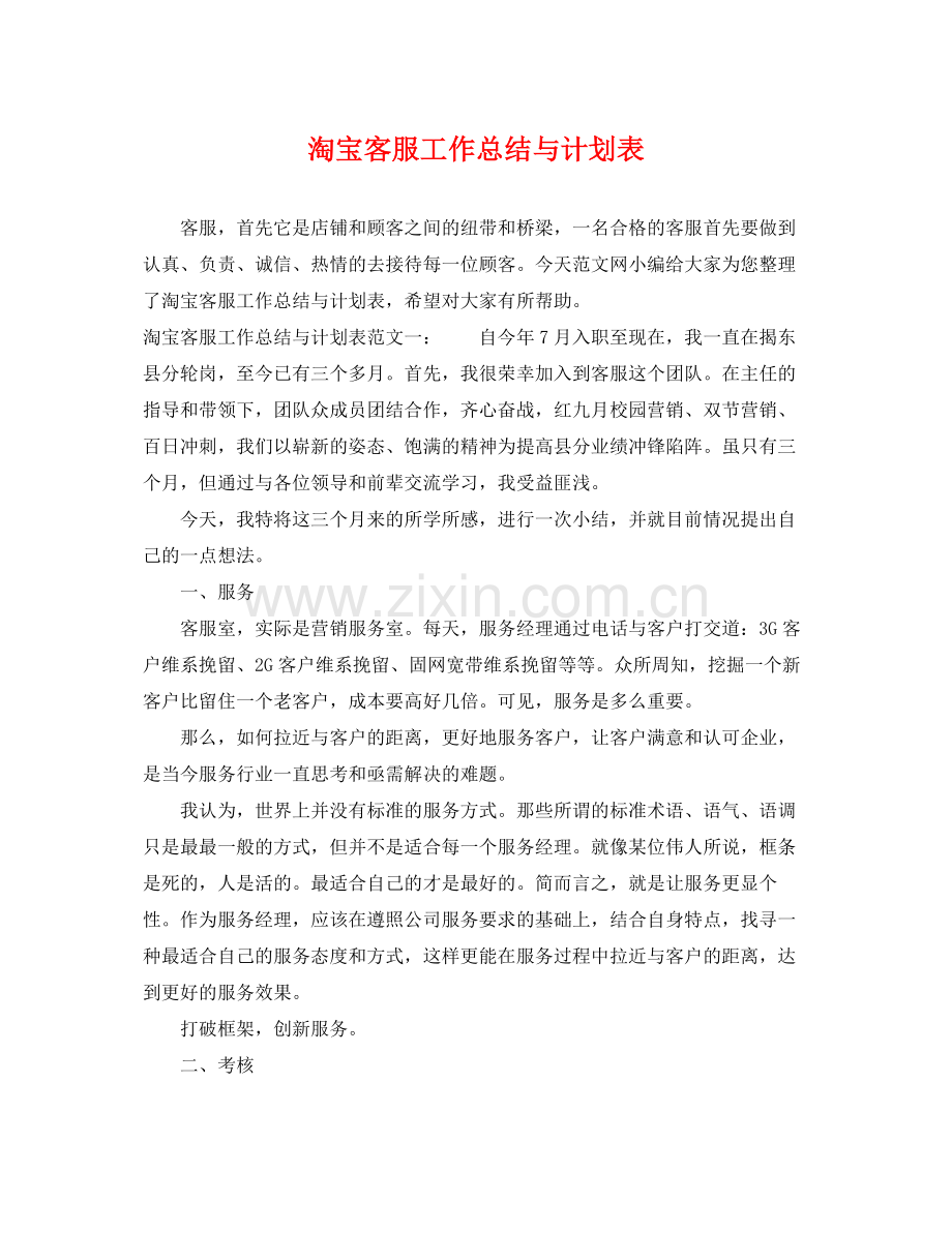 淘宝客服工作总结与计划表 .docx_第1页