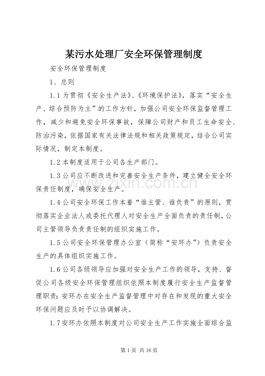 某污水处理厂安全环保管理规章制度.docx_第1页