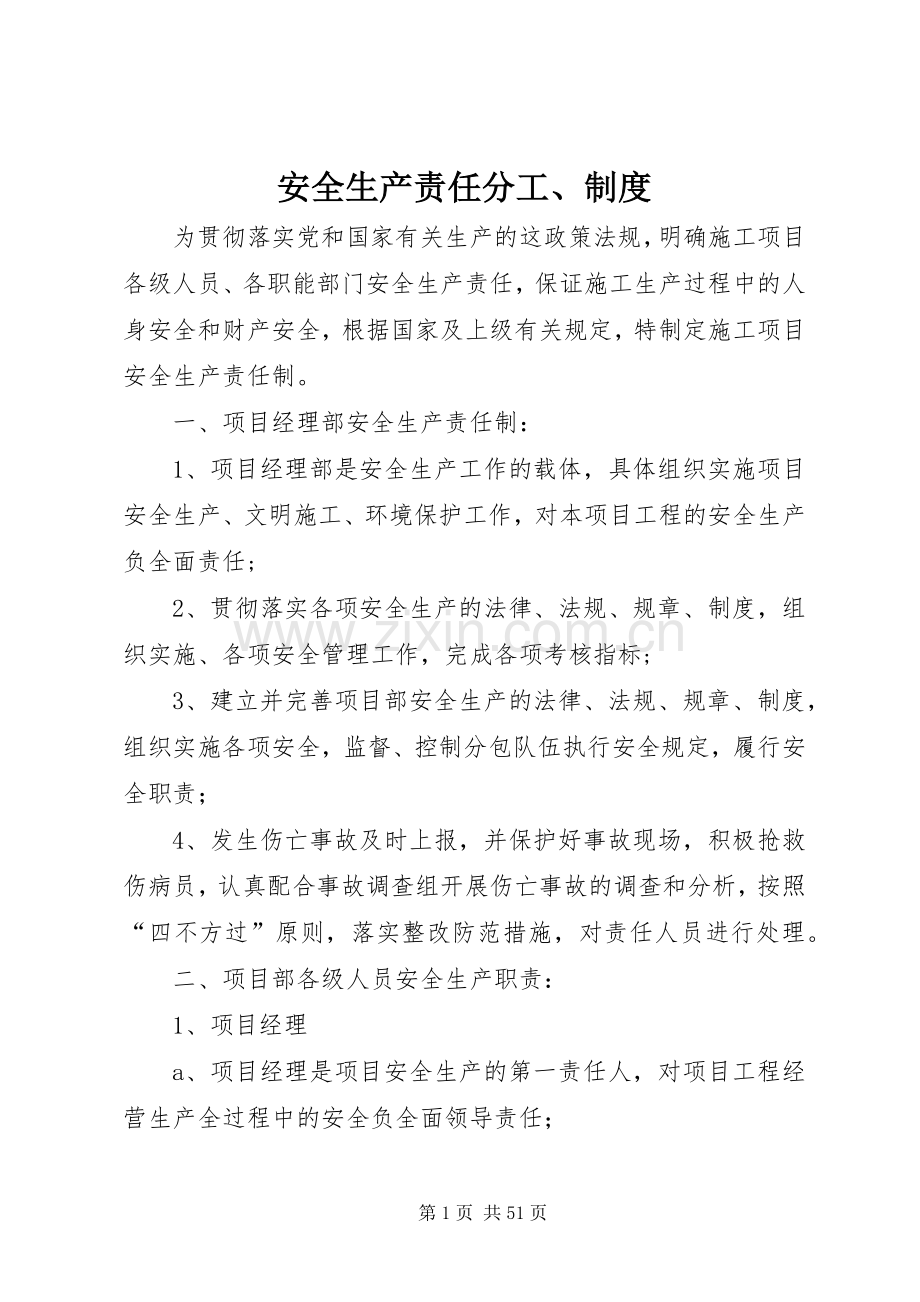 安全生产责任分工、规章制度.docx_第1页