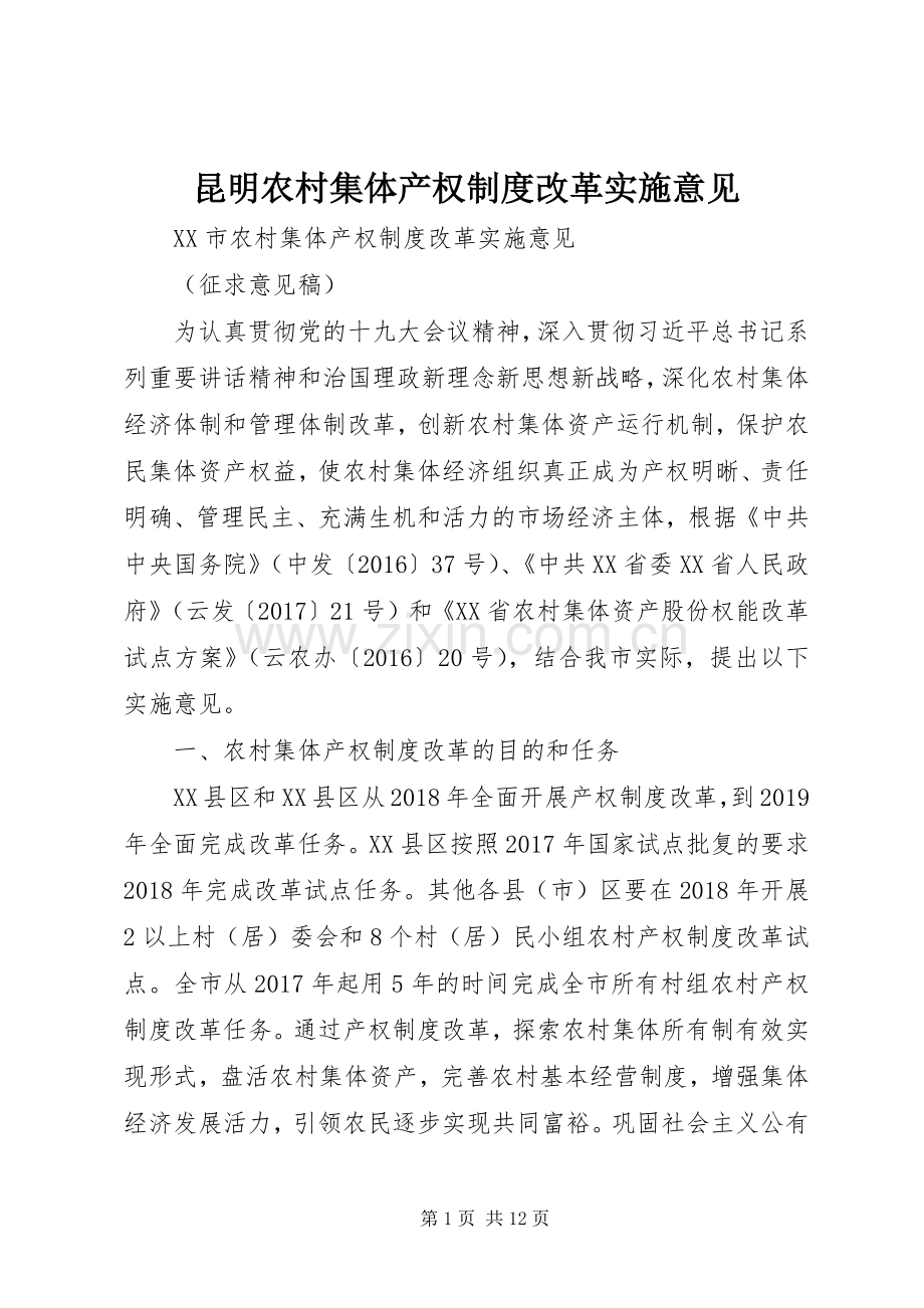 昆明农村集体产权规章制度改革实施意见.docx_第1页
