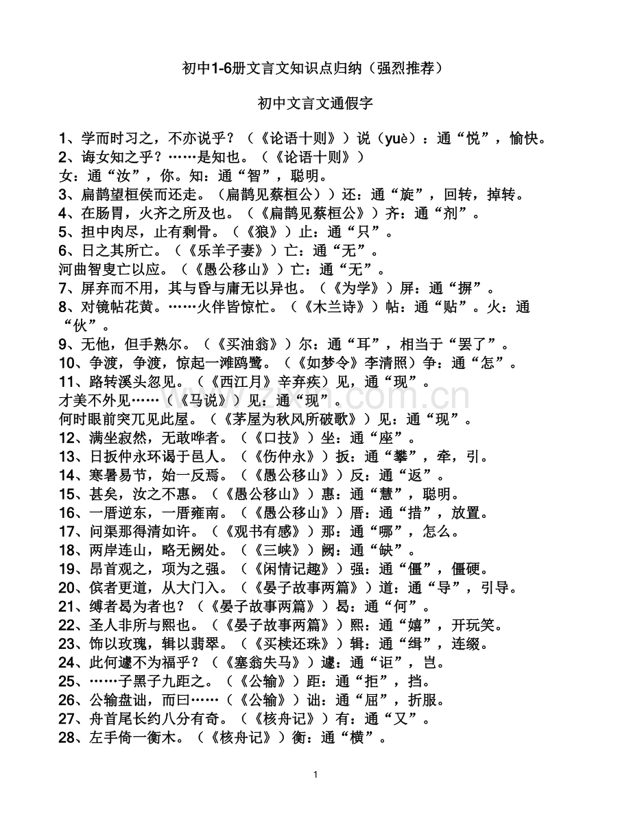 初中1-6册文言文知识点归纳.doc_第1页
