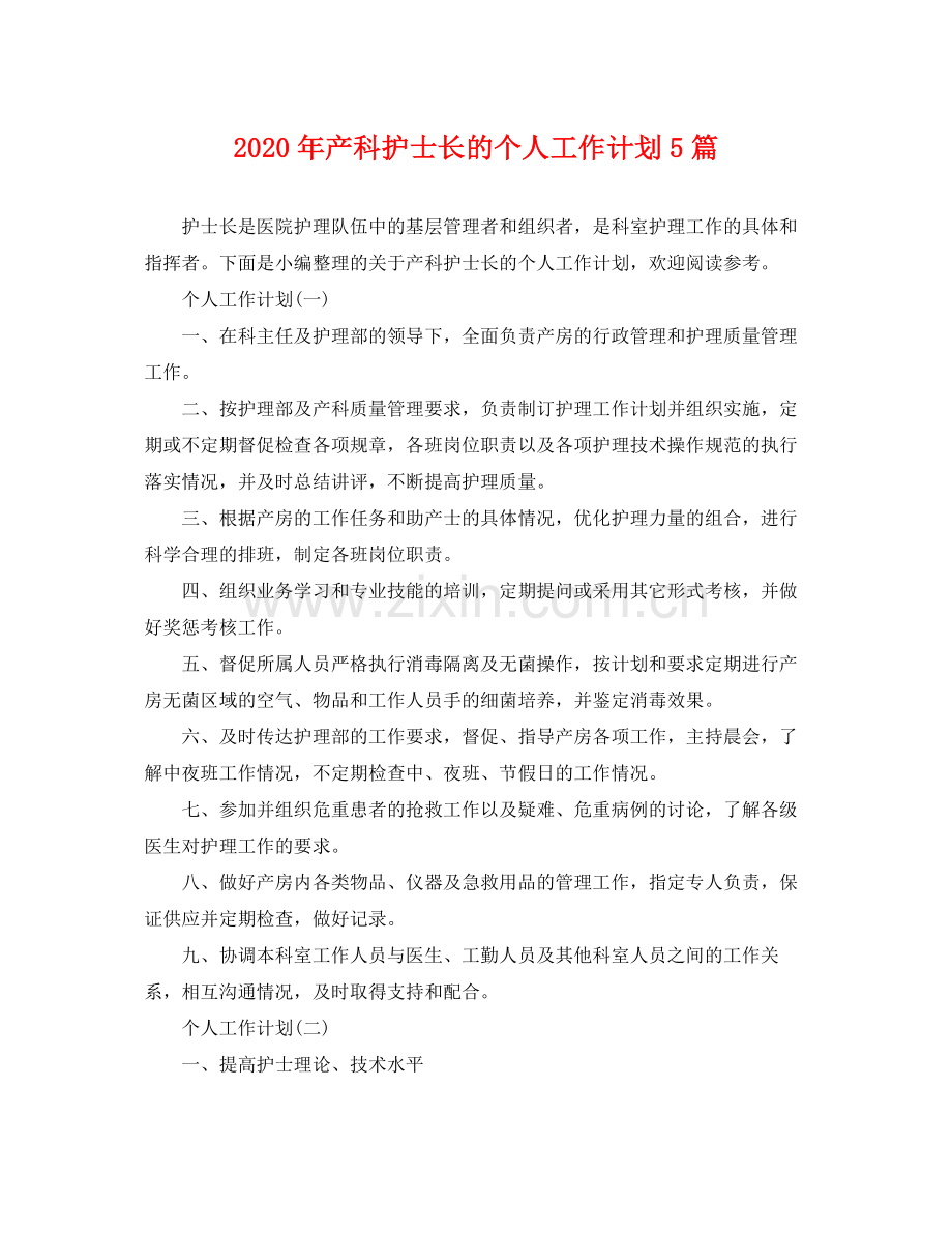 2020年产科护士长的个人工作计划5篇 .docx_第1页