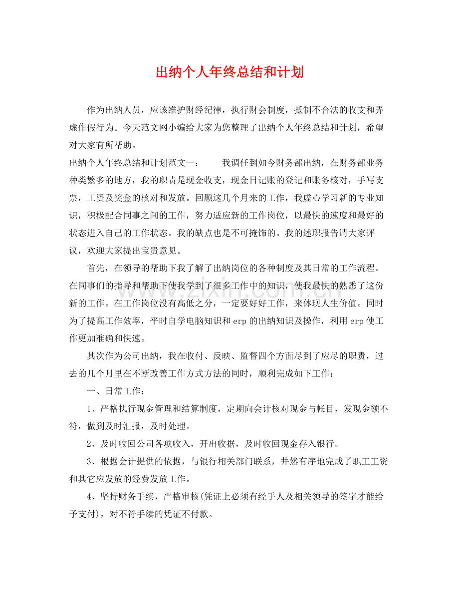 出纳个人年终总结和计划 .docx_第1页
