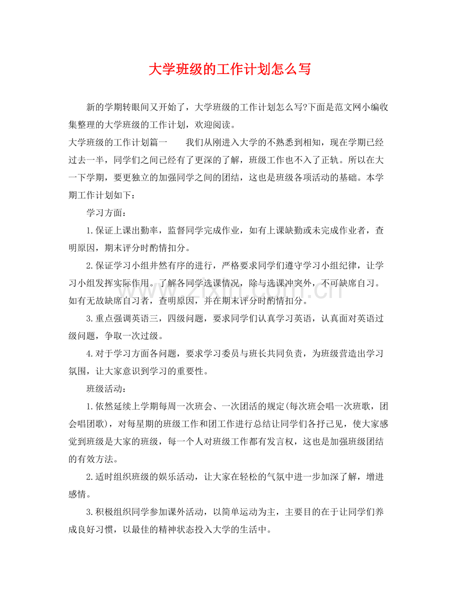 大学班级的工作计划怎么写 .docx_第1页