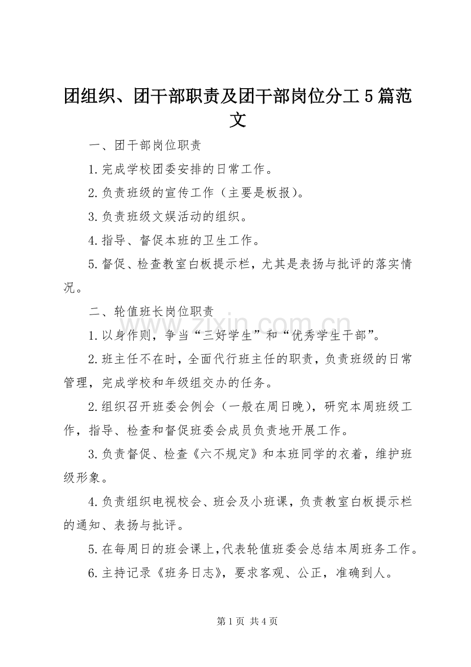 团组织、团干部职责要求及团干部岗位分工5篇范文.docx_第1页
