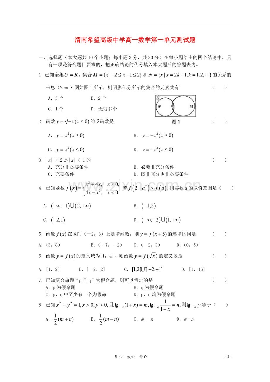 陕西省渭南市希望高中2010-2011学年高一数学上学期质量检测新人教A版.doc_第1页
