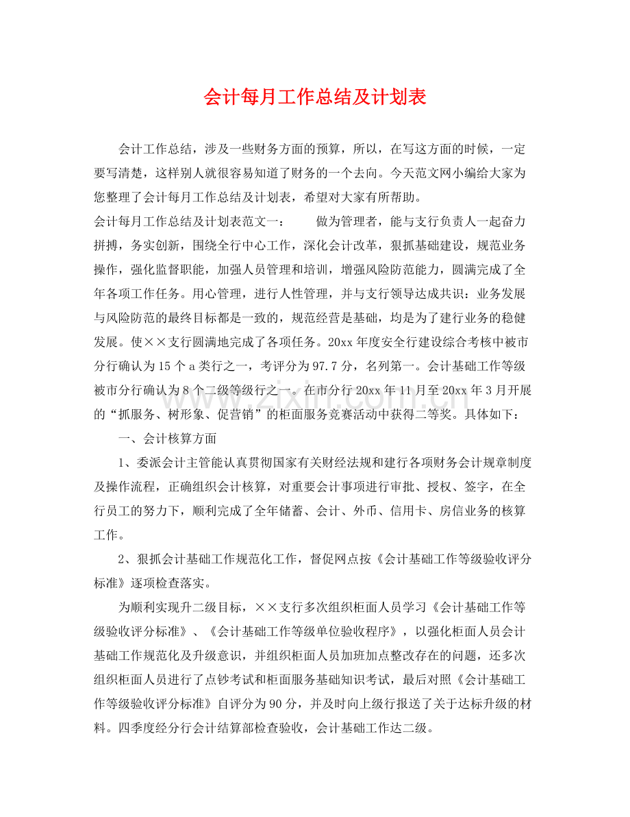 会计每月工作总结及计划表 .docx_第1页