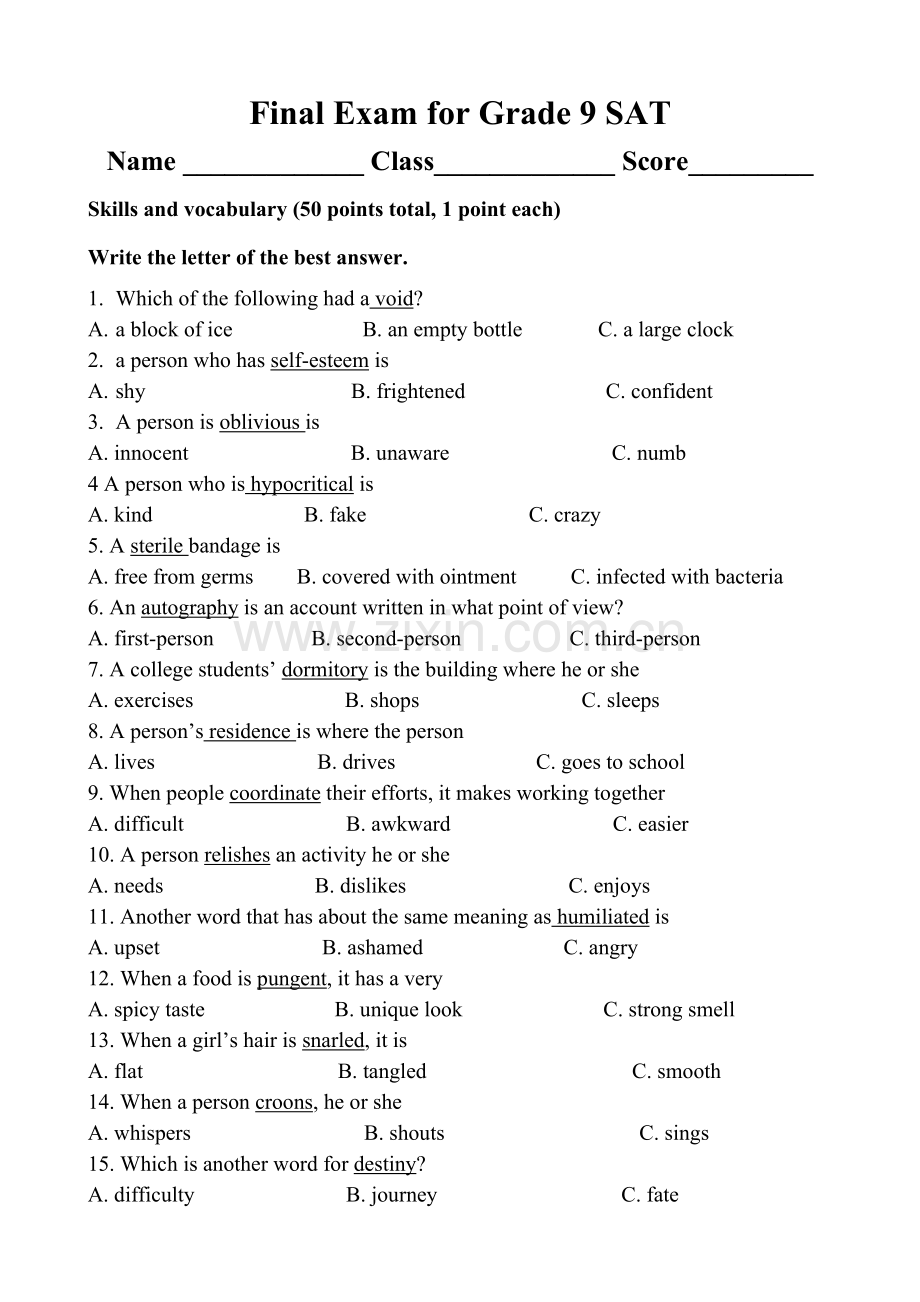 finalexam 9 sat.doc_第1页