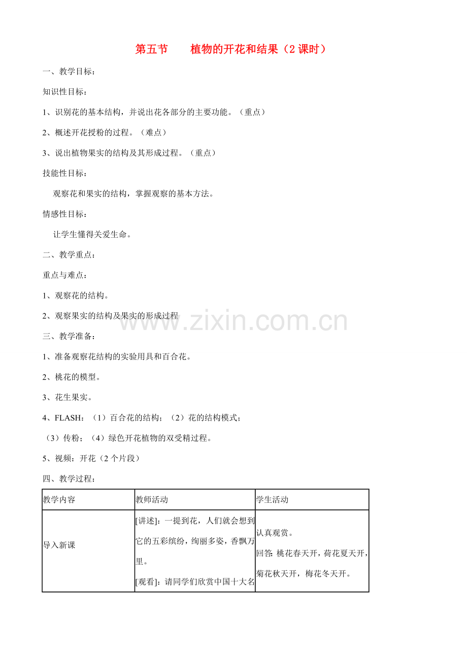 七年级生物上册 5-5植物的开花和结果教案苏教版.doc_第1页