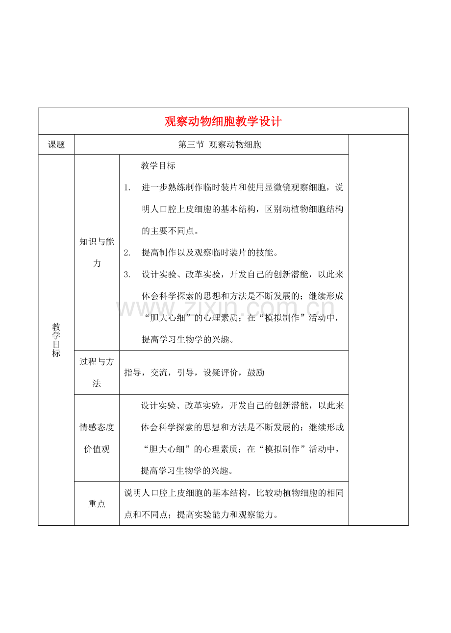 七年级生物下册 2.1.3观察动物细胞教学设计 人教版.doc_第1页