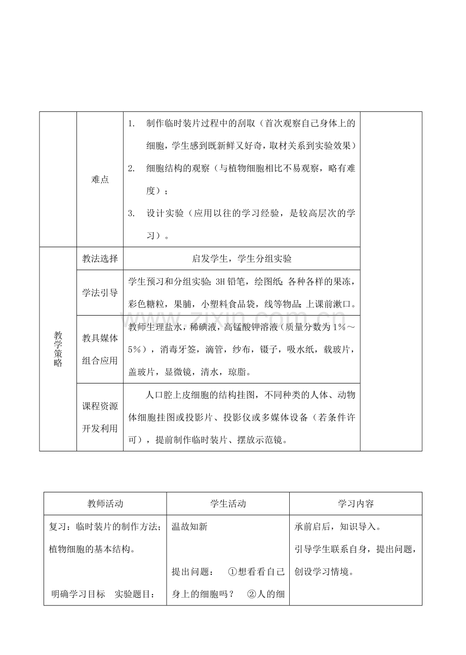 七年级生物下册 2.1.3观察动物细胞教学设计 人教版.doc_第2页