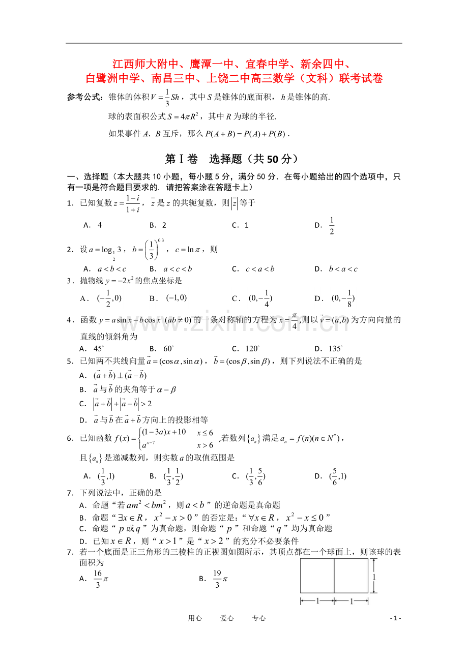 江西省师大附中等重点学校2011届高三数学联考试卷-文.doc_第1页