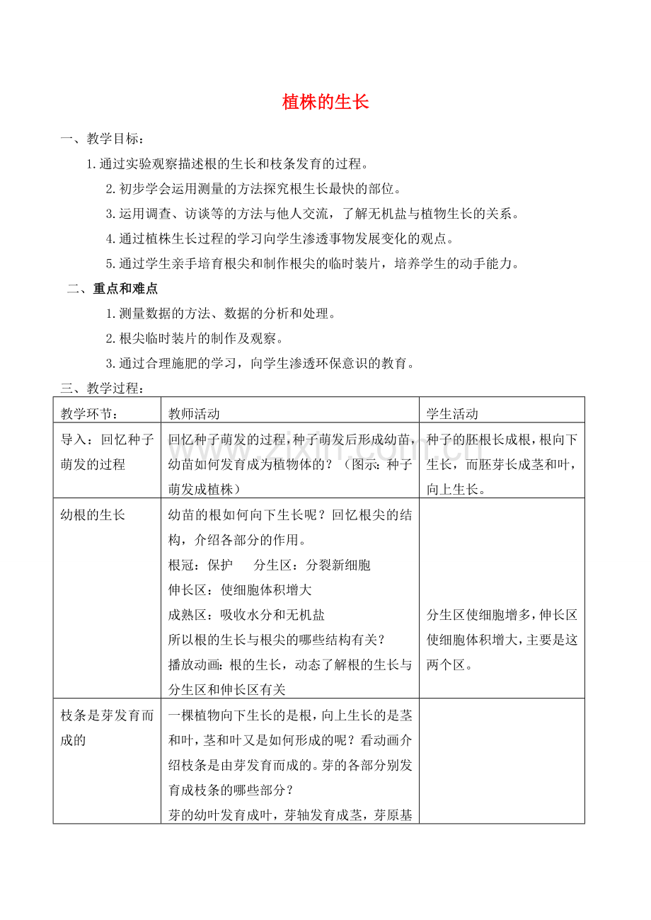 七年级生物上册 植株的生长教案 人教新课标版.doc_第1页