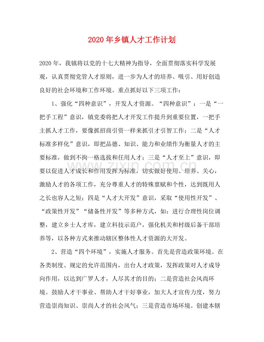 2020年乡镇人才工作计划.docx_第1页