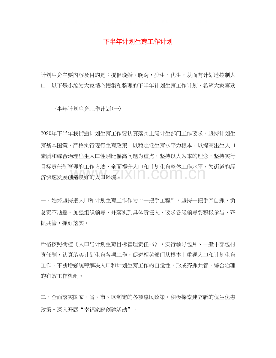 下半年计划生育工作计划.docx_第1页