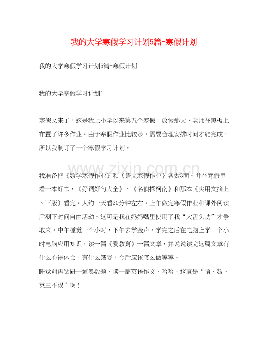 我的大学寒假学习计划5篇寒假计划.docx_第1页