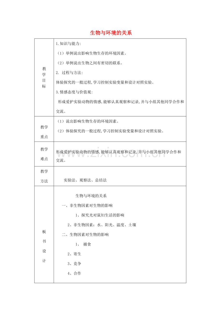 七年级生物上册 第二单元 第2章 第1节 生物与环境的关系教案 （新版）新人教版-（新版）新人教版初中七年级上册生物教案.doc_第1页