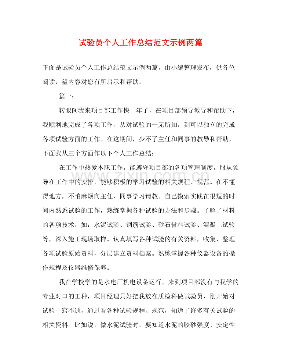 试验员个人工作总结范文示例两篇.docx_第1页